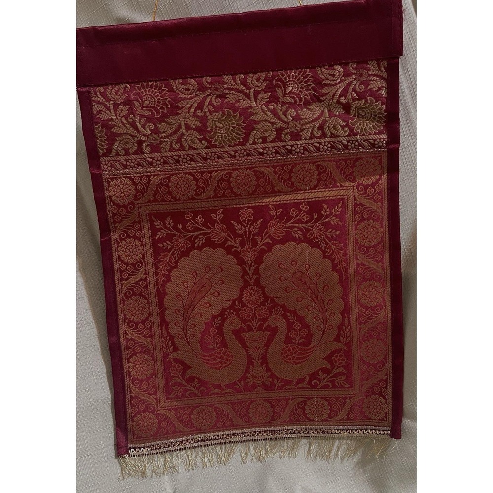 Handmade Red Silk Banarasi Brocade Wall Hanging & Mail Organizer-Peacock Design